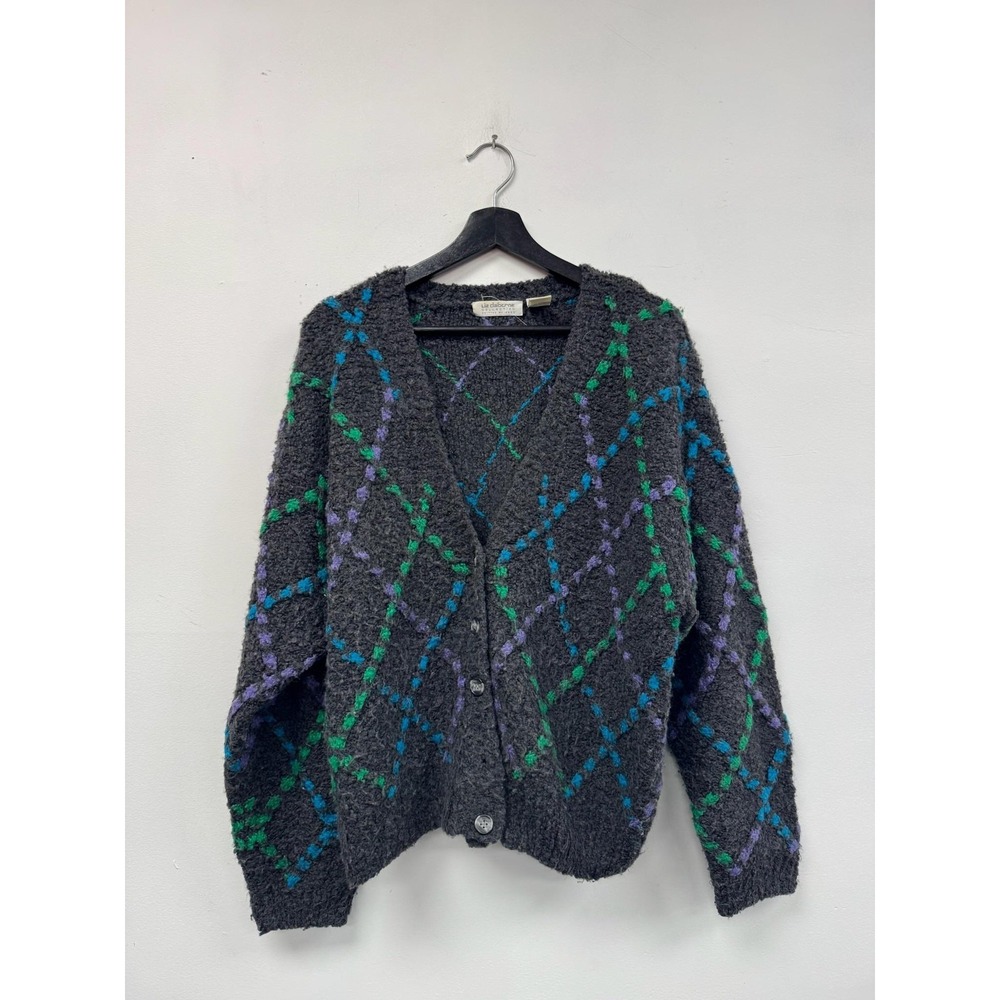 Vintage Liz Claiborne Sweater Womens Large Gray‎ Lambswool Cardigan Argyle 90s